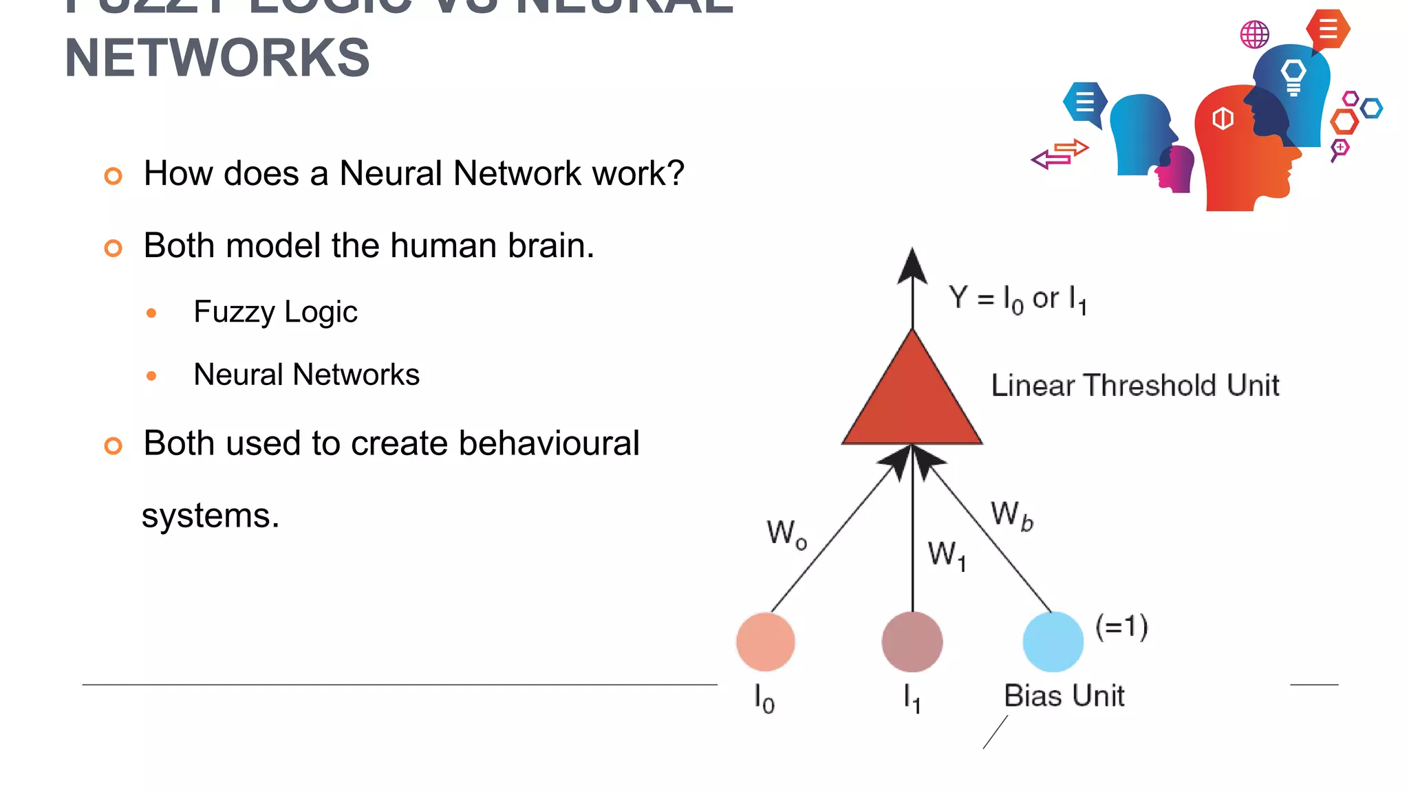 FUZZY LOGIC VS NEURAL
NETWORKS
 How does a Neural Network work?
 Both model the human brain.
 Fuzzy Logic
 Neural Networks
 Both used to create behavioural
systems.
 