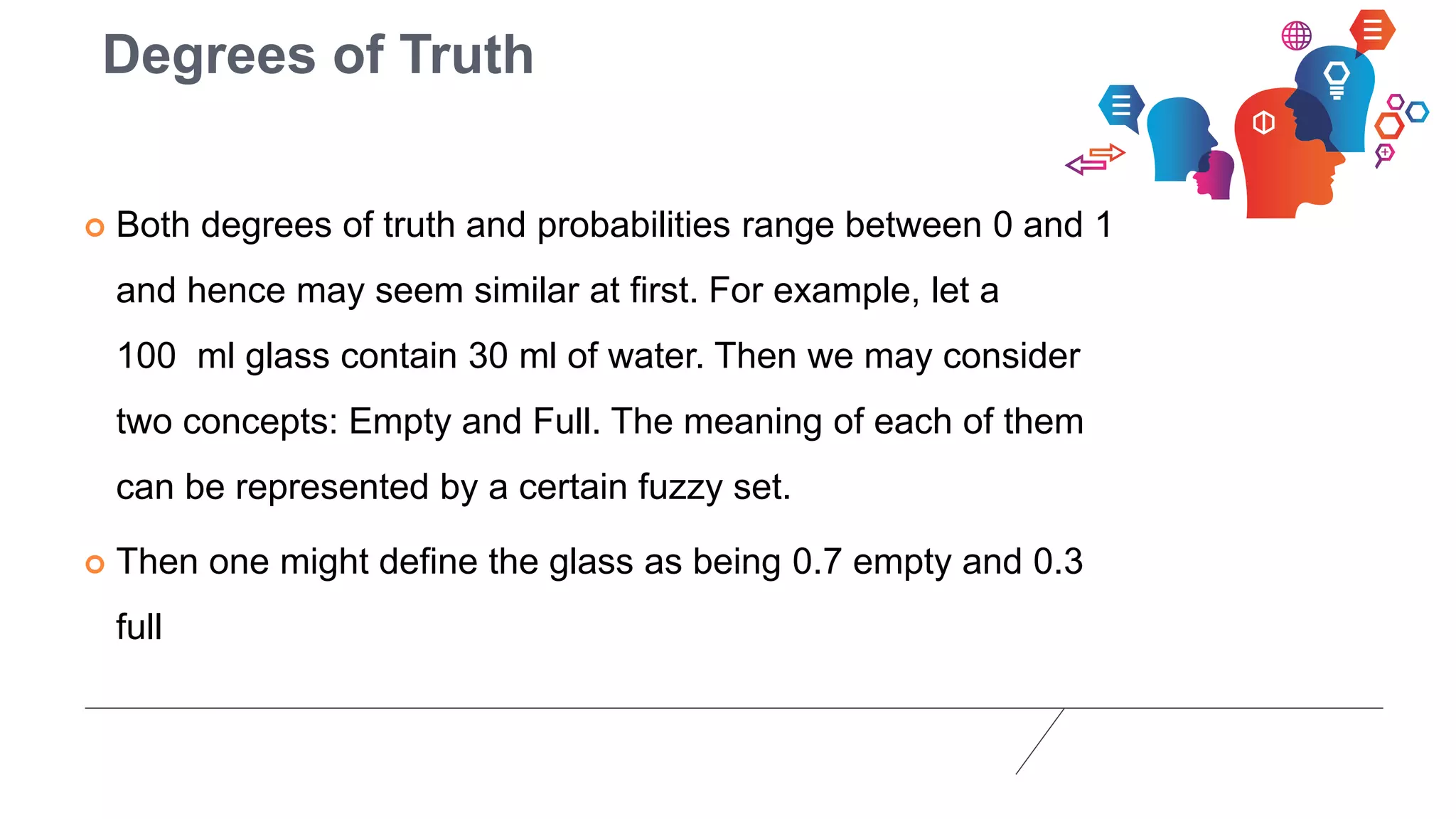 Degrees of Truth
 Both degrees of truth and probabilities range between 0 and 1
and hence may seem similar at first. For example, let a
100 ml glass contain 30 ml of water. Then we may consider
two concepts: Empty and Full. The meaning of each of them
can be represented by a certain fuzzy set.
 Then one might define the glass as being 0.7 empty and 0.3
full
 