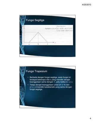 44//2525//20132013
44
Fungsi Segitiga
Fungsi Trapesium
• Berbeda dengan fungsi segitiga, pada fungsi ini
terdapat beberapa nilai x yang memiliki derajat
keanggotaan sama dengan 1, yaitu ketika b x  c
• Tetapi derajat keanggotaan untuk a< x <b dan
c< x  d memiliki karakteristik yang sama dengan
fungsi segitiga.
 