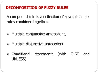 DECOMPOSITION OF FUZZY RULES
A compound rule is a collection of several simple
rules combined together.
 Multiple conjunctive antecedent,
 Multiple disjunctive antecedent,
 Conditional statements (with ELSE and
UNLESS).
 