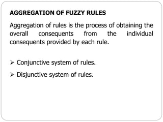 AGGREGATION OF FUZZY RULES
Aggregation of rules is the process of obtaining the
overall consequents from the individual
consequents provided by each rule.
 Conjunctive system of rules.
 Disjunctive system of rules.
 