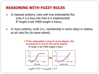 REASONING WITH FUZZY RULES
 In classical systems, rules with true antecedents fire.
(Like if a is true only then b is implemented)
IF height is tall THEN weight is heavy.
 In fuzzy systems, truth (i.e., membership in some class) is relative,
so all rules fire (to some extent).
 