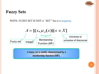 Fuzzy Sets
NOTE: FUZZY SET IS NOT A “SET” but is a mapping
A x x x XA {( , ( ))| }
Universe or
universe of discourseFuzzy set
Membership
Function (MF)
A fuzzy set is totally characterized by a
membership function (MF).
Integer
11
 