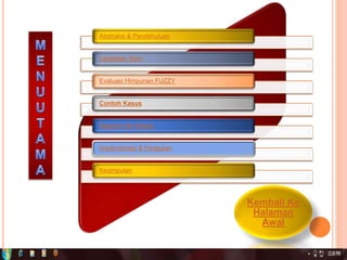 Abstraksi & Pendahuluan
Landasan Teori
Evaluasi Himpunan FUZZY
Contoh Kasus
Diagram Alir Sistem
Implementasi & Pengujian
Kesimpulan
Kembali Ke
Halaman
Awal
 