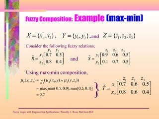 Fuzzy Composition: Example (max-min)
Fuzzy Logic with Engineering Applications: Timothy J. Ross, McGraw-Hill
X = {x1, x2},
µ˜T
(x1,z1) = ∨
y∈Y
(µ ˜R
(x1,y) ∧ µ˜S
(y,z1))
= max[min( 0.7,0.9),min(0.5, 0.1)]
= 0.7
Y ={y1, y2},and Z = {z1,z2, z3}
Consider the following fuzzy relations:
˜R =
x1
x2
0.7 0.5
0.8 0.4




y1 y2
and ˜S =
y1
y2
0.9 0.6 0.5
0.1 0.7 0.5




z1 z2 z3
Using max-min composition,
}˜T =
x1
x2
0.7 0.6 0.5
0.8 0.6 0.4




z1 z2 z3
 
