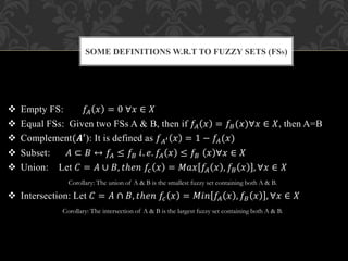  Empty FS: 𝑓𝐴 𝑥 = 0 ∀𝑥 ∈ 𝑋
 Equal FSs: Given two FSs A & B, then if 𝑓𝐴 𝑥 = 𝑓𝐵(𝑥)∀𝑥 ∈ 𝑋, then A=B
 Complement(𝑨′): It is defined as 𝑓 𝐴′ 𝑥 = 1 − 𝑓𝐴(𝑥)
 Subset: 𝐴 ⊂ 𝐵 ↔ 𝑓𝐴 ≤ 𝑓𝐵 𝑖. 𝑒. 𝑓𝐴 𝑥 ≤ 𝑓𝐵 𝑥 ∀𝑥 ∈ 𝑋
 Union: Let 𝐶 = 𝐴 ∪ 𝐵, 𝑡ℎ𝑒𝑛 𝑓𝑐 𝑥 = 𝑀𝑎𝑥 𝑓𝐴 𝑥 , 𝑓𝐵 𝑥 , ∀𝑥 ∈ 𝑋
Corollary: The union of A & B is the smallest fuzzy set containing both A & B.
 Intersection: Let 𝐶 = 𝐴 ∩ 𝐵, 𝑡ℎ𝑒𝑛 𝑓𝑐 𝑥 = 𝑀𝑖𝑛 𝑓𝐴 𝑥 , 𝑓𝐵 𝑥 , ∀𝑥 ∈ 𝑋
Corollary: The intersection of A & B is the largest fuzzy set containing both A & B.
SOME DEFINITIONS W.R.T TO FUZZY SETS (FSS)
 