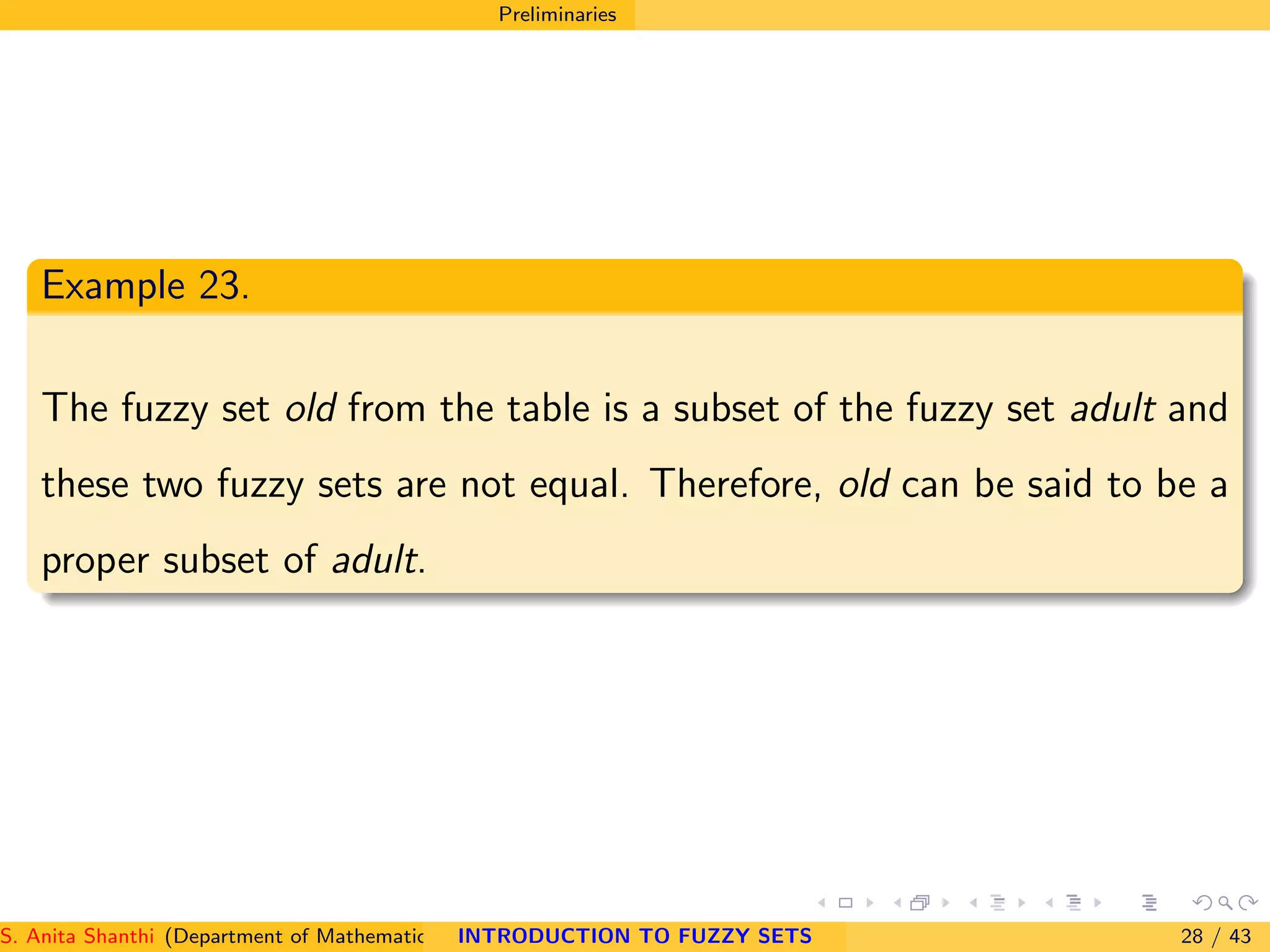 Preliminaries
Example 23.
The fuzzy set old from the table is a subset of the fuzzy set adult and
these two fuzzy sets are not equal. Therefore, old can be said to be a
proper subset of adult.
S. Anita Shanthi (Department of Mathematics, Annamalai University, Annamalainagar-608002,Tamilnadu, India. E-mail : shanthi.anita@INTRODUCTION TO FUZZY SETS 28 / 43
 
