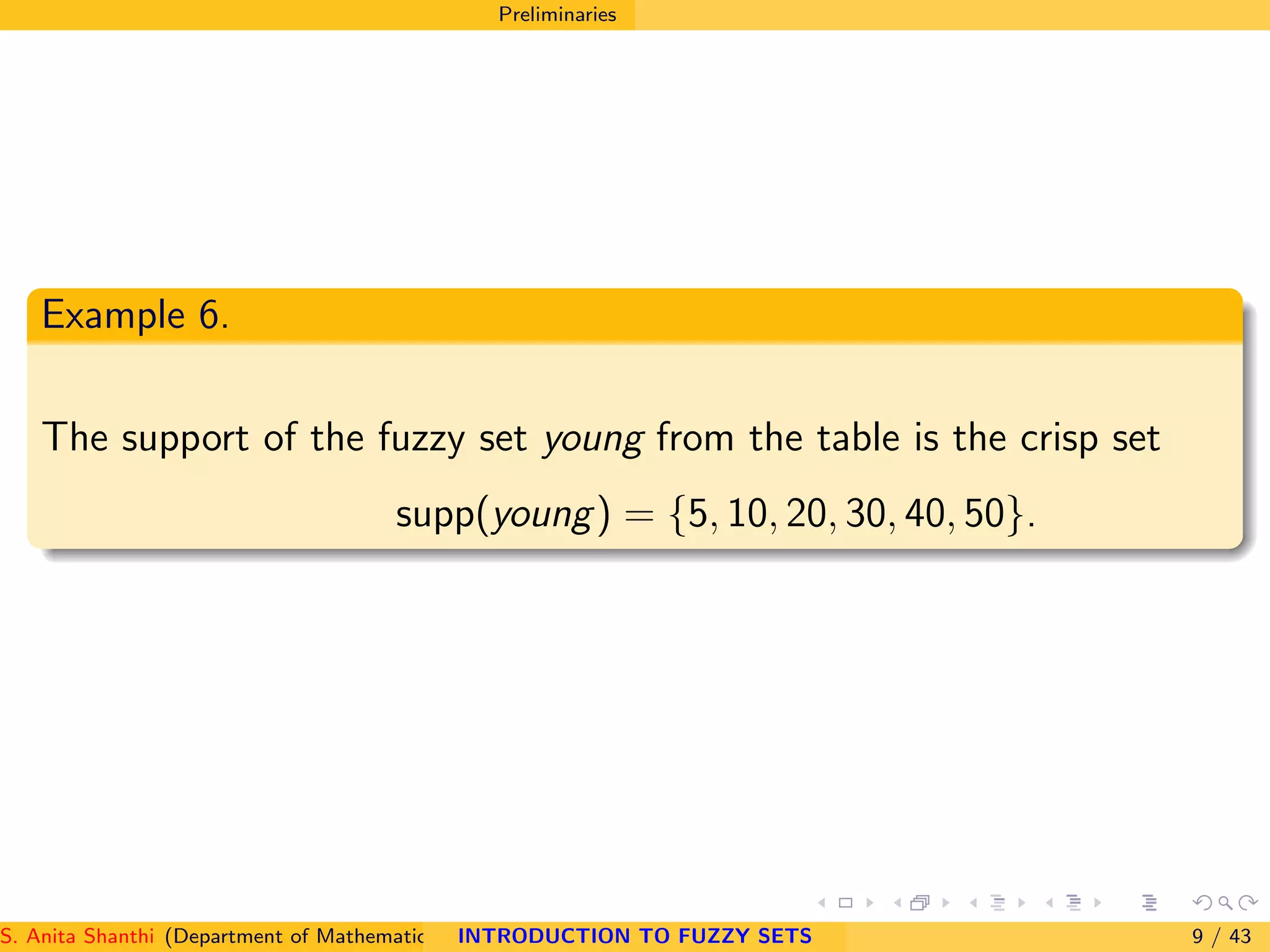 Preliminaries
Example 6.
The support of the fuzzy set young from the table is the crisp set
supp(young) = {5, 10, 20, 30, 40, 50}.
S. Anita Shanthi (Department of Mathematics, Annamalai University, Annamalainagar-608002,Tamilnadu, India. E-mail : shanthi.anita@INTRODUCTION TO FUZZY SETS 9 / 43
 