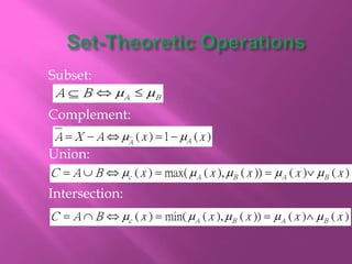 Subset:
Complement:
Union:
Intersection:
A B A B   
C A B x x x x xc A B A B         ( ) max( ( ), ( )) ( ) ( )
C A B x x x x xc A B A B         ( ) min( ( ), ( )) ( ) ( )
A X A x xA A     ( ) ( )1
 