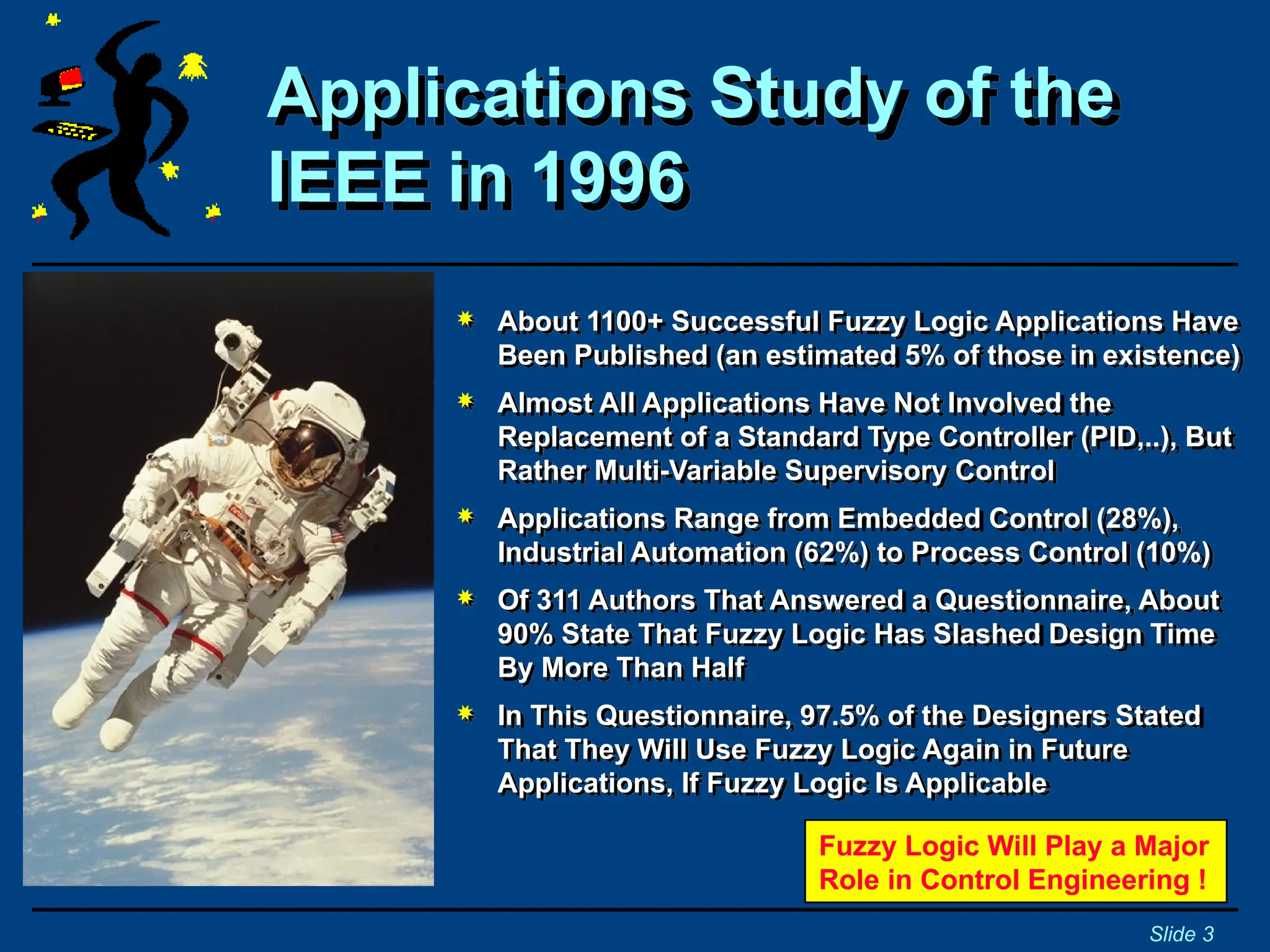 Applications Study of the
IEEE in 1996
Slide 3
 About 1100+ Successful Fuzzy Logic Applications Have
Been Published (an estimated 5% of those in existence)
 Almost All Applications Have Not Involved the
Replacement of a Standard Type Controller (PID,..), But
Rather Multi-Variable Supervisory Control
 Applications Range from Embedded Control (28%),
Industrial Automation (62%) to Process Control (10%)
 Of 311 Authors That Answered a Questionnaire, About
90% State That Fuzzy Logic Has Slashed Design Time
By More Than Half
 In This Questionnaire, 97.5% of the Designers Stated
That They Will Use Fuzzy Logic Again in Future
Applications, If Fuzzy Logic Is Applicable
Fuzzy Logic Will Play a Major
Role in Control Engineering !
 