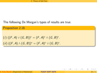 2. Theory of Soft Sets
The following De Morgan’s types of results are true.
Proposition 2.18.
(i) ((F, A) ∨ (G, B))c
= (F, A)c
∧ (G, B)c
.
(ii) ((F, A) ∧ (G, B))c
= (F, A)c
∨ (G, B)c
.
S. Anita Shanthi (Department of Mathematics, Annamalai University, Annamalainagar-608002,Tamilnadu, India. E-mail : shanthi.anita@FUZZY SOFT SETS 22 / 1
 