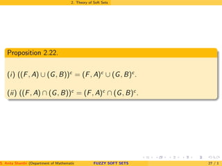 2. Theory of Soft Sets
Proposition 2.22.
(i) ((F, A) ∪ (G, B))c
= (F, A)c
∪ (G, B)c
.
(ii) ((F, A) ∩ (G, B))c
= (F, A)c
∩ (G, B)c
.
S. Anita Shanthi (Department of Mathematics, Annamalai University, Annamalainagar-608002,Tamilnadu, India. E-mail : shanthi.anita@FUZZY SOFT SETS 27 / 1
 