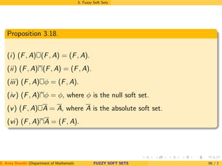 3. Fuzzy Soft Sets
Proposition 3.18.
(i) (F, A)∪(F, A) = (F, A).
(ii) (F, A)∩(F, A) = (F, A).
(iii) (F, A)∪φ = (F, A).
(iv) (F, A)∩φ = φ, where φ is the null soft set.
(v) (F, A)∪A = A, where A is the absolute soft set.
(vi) (F, A)∩A = (F, A).
S. Anita Shanthi (Department of Mathematics, Annamalai University, Annamalainagar-608002,Tamilnadu, India. E-mail : shanthi.anita@FUZZY SOFT SETS 56 / 1
 