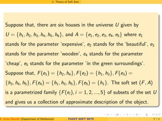 2. Theory of Soft Sets
Suppose that, there are six houses in the universe U given by
U = {h1, h2, h3, h4, h5, h6}, and A = {e1, e2, e3, e4, e5} where e1
stands for the parameter ’expensive’, e2 stands for the ’beautiful’, e3
stands for the parameter ’wooden’, e4 stands for the parameter
’cheap’, e5 stands for the parameter ’in the green surroundings’.
Suppose that, F(e1) = {h2, h4}, F(e2) = {h1, h3}, F(e3) =
{h3, h4, h5}, F(e4) = {h1, h3, h5}, F(e5) = {h1}. The soft set (F, A)
is a parametrized family {F(ei ), i = 1, 2, ..., 5} of subsets of the set U
and gives us a collection of approximate description of the object.
S. Anita Shanthi (Department of Mathematics, Annamalai University, Annamalainagar-608002,Tamilnadu, India. E-mail : shanthi.anita@FUZZY SOFT SETS 7 / 1
 