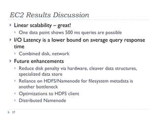 EC2 Results Discussion Linear scalability – great! One data point shows 500 ms queries are possible I/O Latency is a lower bound on average query response time Combined disk, network Future enhancements Reduce disk penalty via hardware, cleaver data structures, specialized data store Reliance on HDFS/Namenode for filesystem metadata is another bottleneck Optimizations to HDFS client Distributed Namenode 