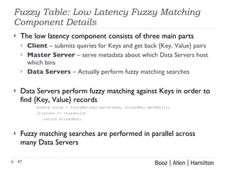 Fuzzy Table: Low Latency Fuzzy Matching Component Details The low latency component consists of three main parts Client  – submits queries for Keys and get back {Key, Value} pairs Master Server  – serve metadata about which Data Servers host  which bins Data Servers  – Actually perform fuzzy matching searches Data Servers perform fuzzy matching against Keys in order to find {Key, Value} records double score = fuzzyMatcher.match(key, storedRec.getKey()); if(score >= threshold)    return storedRec; Fuzzy matching searches are performed in parallel across many Data Servers 