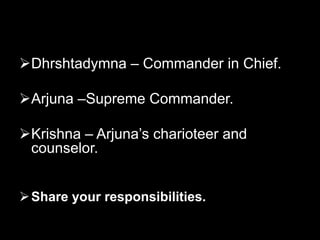 Generals<br />Kauravas : <br />Bhishma<br />Drona<br />Karna<br />Shalya<br />Kripacharya<br />Ashwatthama<br />Duryodhan<...