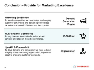 Marketing Excellence
To remain competitive we must adapt to changing
customer behaviours and deliver a personalized
experience across all channels and touch points.
Demand
Generation
Engine
Multi-Channel Commerce
To stay relevant we must offer value added
services and state-of-the-art e-commerce.
E-Platform
Up-skill & Focus-shift
To drive demand and conversion we want to build
a highly skilled marketing organization, capable to
adapt to changing customer demands.
Organization
Conclusion - Provide for Marketing Excellence
13
 