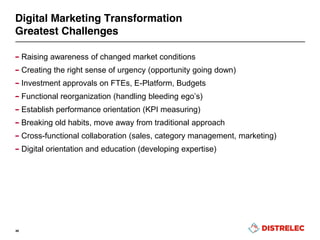 – Raising awareness of changed market conditions
– Creating the right sense of urgency (opportunity going down)
– Investment approvals on FTEs, E-Platform, Budgets
– Functional  reorganization  (handling  bleeding  ego’s)
– Establish performance orientation (KPI measuring)
– Breaking old habits, move away from traditional approach
– Cross-functional collaboration (sales, category management, marketing)
– Digital orientation and education (developing expertise)
46
Digital Marketing Transformation
Greatest Challenges
 