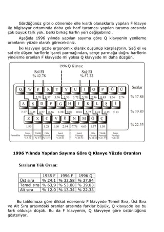 Gördüğünüz gibi o dönemde elle kısıtlı olanaklarla yapılan F klavye 
ile bilgisayar ortamında daha çok harf taraması yapılan tarama arasında 
çok büyük fark yok. Belki birkaç harfin yeri değişebilirdi. 
Aşağıda 1996 yılında yapılan sayıma göre Q klavyenin yenileme 
oranlarını yüzde olarak göreceksiniz. 
İki klavyeyi gözle ergonomik olarak düşünüp karşılaştırın. Sağ el ve 
sol ele düşen harflerle işaret parmağından, serçe parmağa doğru harflerin 
yineleme oranları F klavyede mi yoksa Q klavyede mi daha düzgün. 
1996 Yılında Yapılan Sayıma Göre Q Klavye Yüzde Oranları 
Sıraların Yük Oranı: 
1955 F 1996 F 1996 Q 
Üst sıra % 24.1 % 33.58 % 37.84 
Temel sıra % 63,9 % 53.08 % 39.83 
Alt sıra % 12.0 % 13.34 % 22.33 
Bu tablomuza göre dikkat ederseniz F klavyede Temel Sıra, Üst Sıra 
ve Alt Sıra arasındaki oranlar arasında farklar büyük, Q klavyede ise bu 
fark oldukça düşük. Bu da F klavyenin, Q klavyeye göre üstünlüğünü 
gösteriyor. 
 