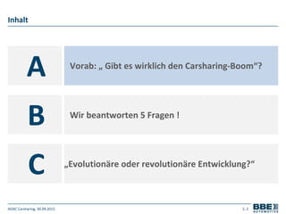 ADAC Carsharing, 30.09.2015 S. 2
A
B
C
Inhalt
Vorab: „ Gibt es wirklich den Carsharing-Boom“?
„Evolutionäre oder revolutio...