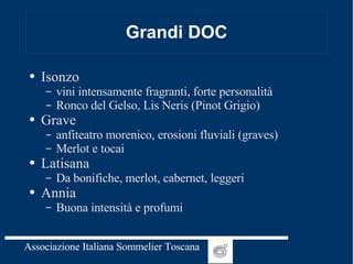 Grandi DOC Isonzo vini intensamente fragranti, forte personalità Ronco del Gelso, Lis Neris (Pinot Grigio) Grave anfiteatro morenico, erosioni fluviali (graves) Merlot e tocai  Latisana Da bonifiche, merlot, cabernet, leggeri Annia Buona intensità e profumi 