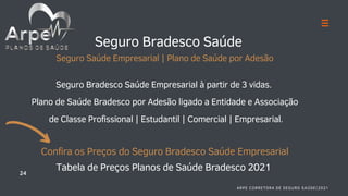 Seguro Bradesco Saúde
Seguro Saúde Empresarial | Plano de Saúde por Adesão
Seguro Bradesco Saúde Empresarial à partir de 3 vidas.
Plano de Saúde Bradesco por Adesão ligado a Entidade e Associação
de Classe Profissional | Estudantil | Comercial | Empresarial.
Confira os Preços do Seguro Bradesco Saúde Empresarial
Tabela de Preços Planos de Saúde Bradesco 2021
24
ARPE CORRETORA DE SEGURO SAÚDE|2021
 