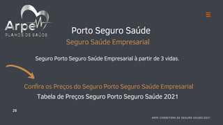 Porto Seguro Saúde
Seguro Saúde Empresarial
Seguro Porto Seguro Saúde Empresarial à partir de 3 vidas.
Confira os Preços do Seguro Porto Seguro Saúde Empresarial
Tabela de Preços Seguro Porto Seguro Saúde 2021
26
ARPE CORRETORA DE SEGURO SAÚDE|2021
 