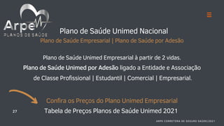 Plano de Saúde Unimed Nacional
Plano de Saúde Empresarial | Plano de Saúde por Adesão
Plano de Saúde Unimed Empresarial à partir de 2 vidas.
Plano de Saúde Unimed por Adesão ligado a Entidade e Associação
de Classe Profissional | Estudantil | Comercial | Empresarial.
Confira os Preços do Plano Unimed Empresarial
Tabela de Preços Planos de Saúde Unimed 2021
27
ARPE CORRETORA DE SEGURO SAÚDE|2021
 