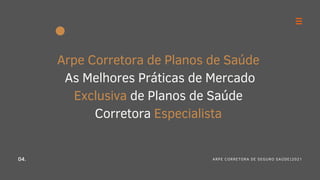 04.
Arpe Corretora de Planos de Saúde
As Melhores Práticas de Mercado
Exclusiva de Planos de Saúde
Corretora Especialista
ARPE CORRETORA DE SEGURO SAÚDE|2021
 