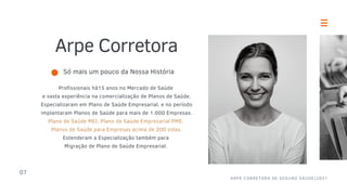 Arpe Corretora
Só mais um pouco da Nossa História
Profissionais há15 anos no Mercado de Saúde
e vasta experiência na comercialização de Planos de Saúde.
Especializaram em Plano de Saúde Empresarial, e no período
implantaram Planos de Saúde para mais de 1.000 Empresas.
Plano de Saúde MEI, Plano de Saúde Empresarial PME,
Planos de Saúde para Empresas acima de 200 vidas.
Estenderam a Especialização também para
Migração de Plano de Saúde Empresarial.
07
ARPE CORRETORA DE SEGURO SAÚDE|2021
 