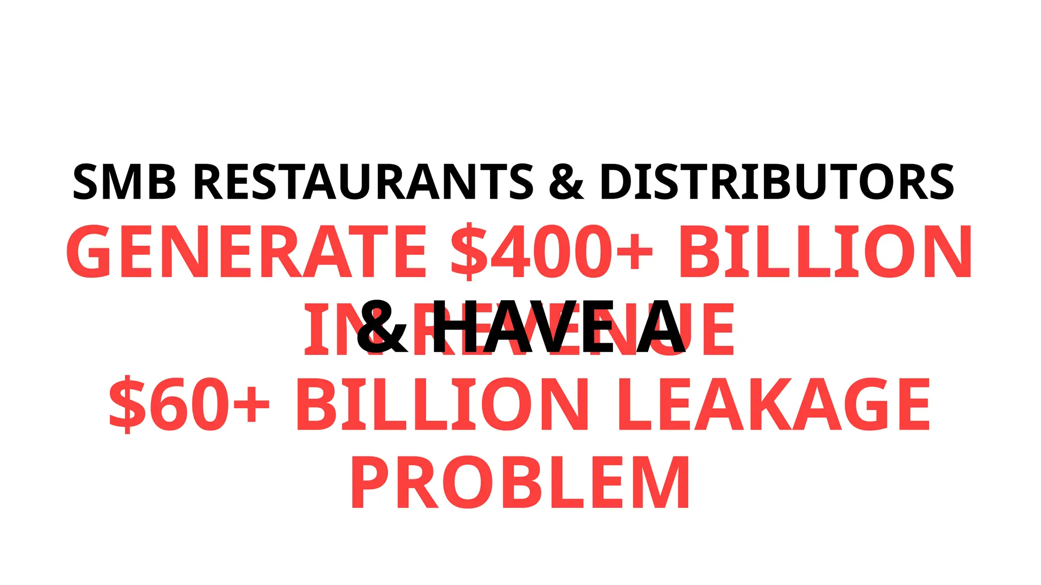 SMB RESTAURANTS & DISTRIBUTORS
GENERATE $400+ BILLION
IN REVENUE
& HAVE A
$60+ BILLION LEAKAGE
PROBLEM
 