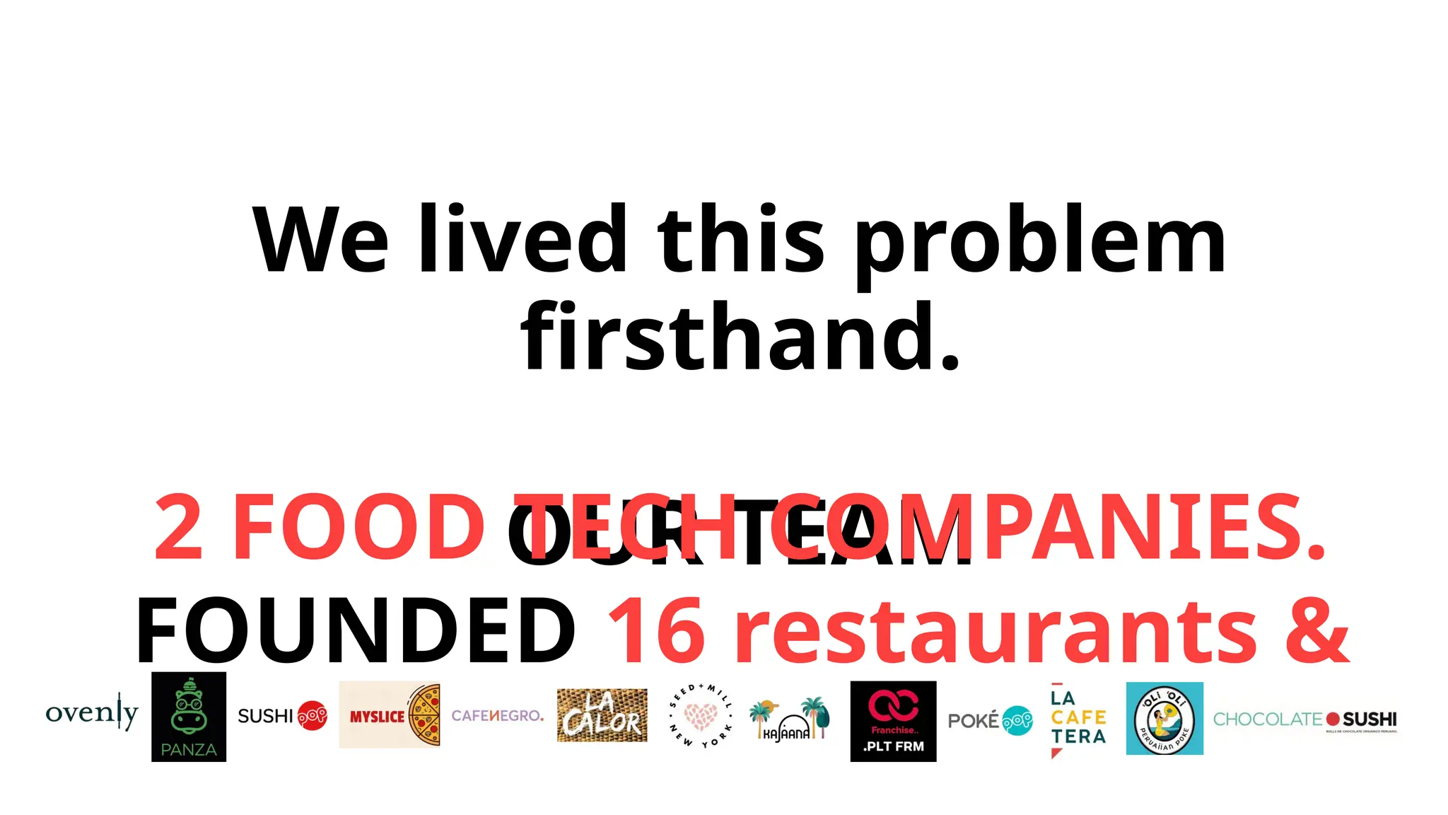 We lived this problem
firsthand.
OUR TEAM
FOUNDED 16 restaurants &
2 FOOD TECH COMPANIES.
 