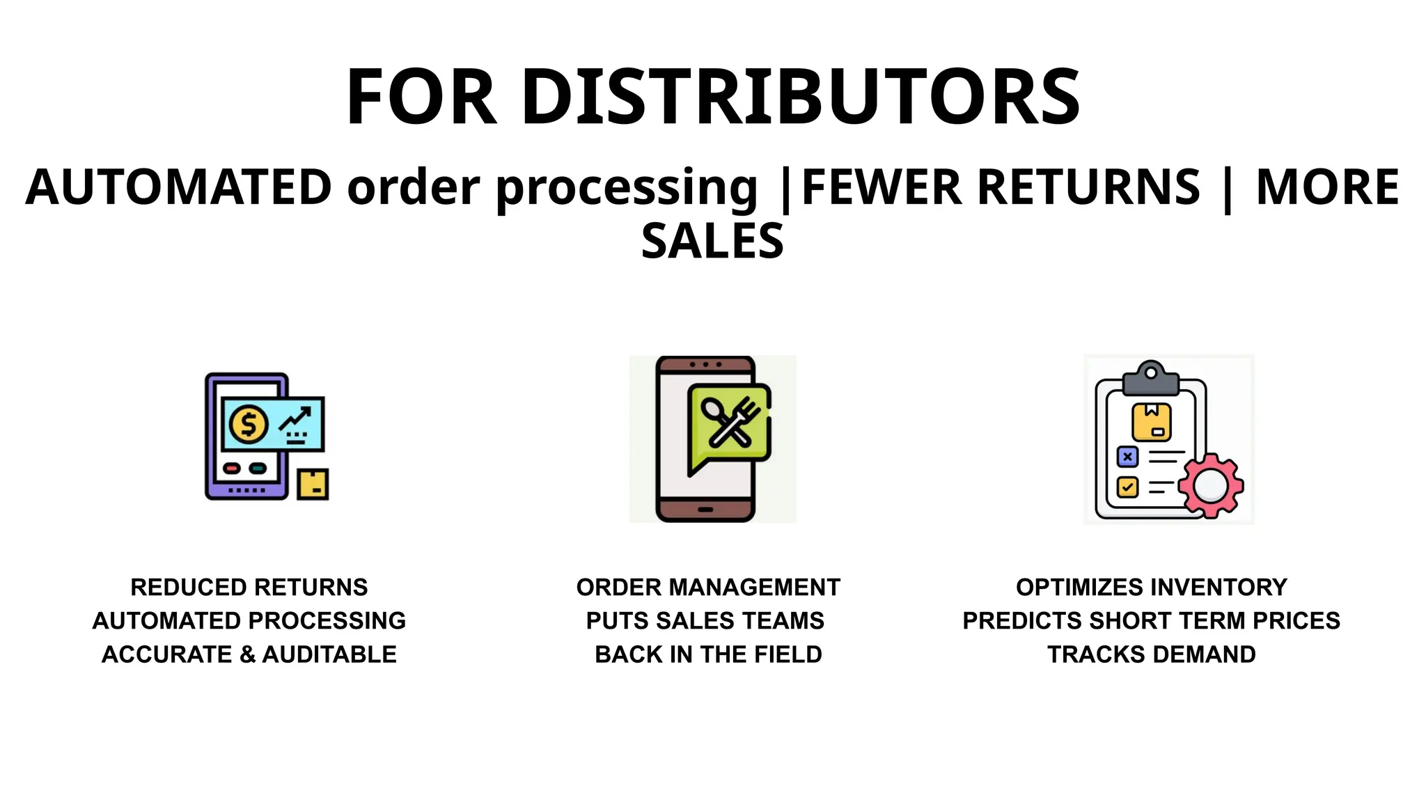 FOR DISTRIBUTORS
AUTOMATED order processing |FEWER RETURNS | MORE
SALES
REDUCED RETURNS
AUTOMATED PROCESSING
ACCURATE & AUDITABLE
ORDER MANAGEMENT
PUTS SALES TEAMS
BACK IN THE FIELD
OPTIMIZES INVENTORY
PREDICTS SHORT TERM PRICES
TRACKS DEMAND
 