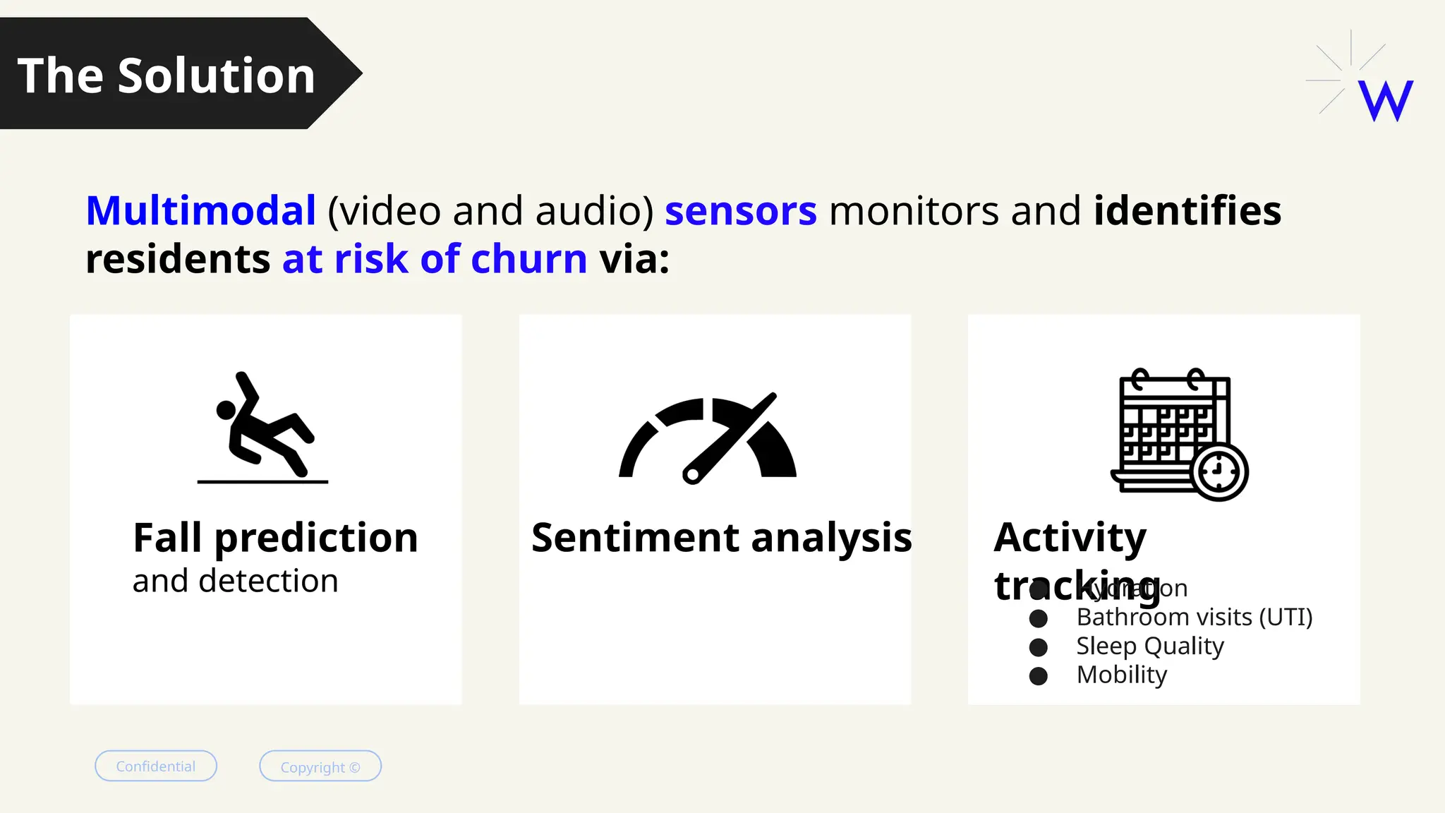 154
Confidential Copyright ©
Multimodal (video and audio) sensors monitors and identifies
residents at risk of churn via:
Fall prediction
and detection
Sentiment analysis Activity
tracking
● Hydration
● Bathroom visits (UTI)
● Sleep Quality
● Mobility
The Solution
 