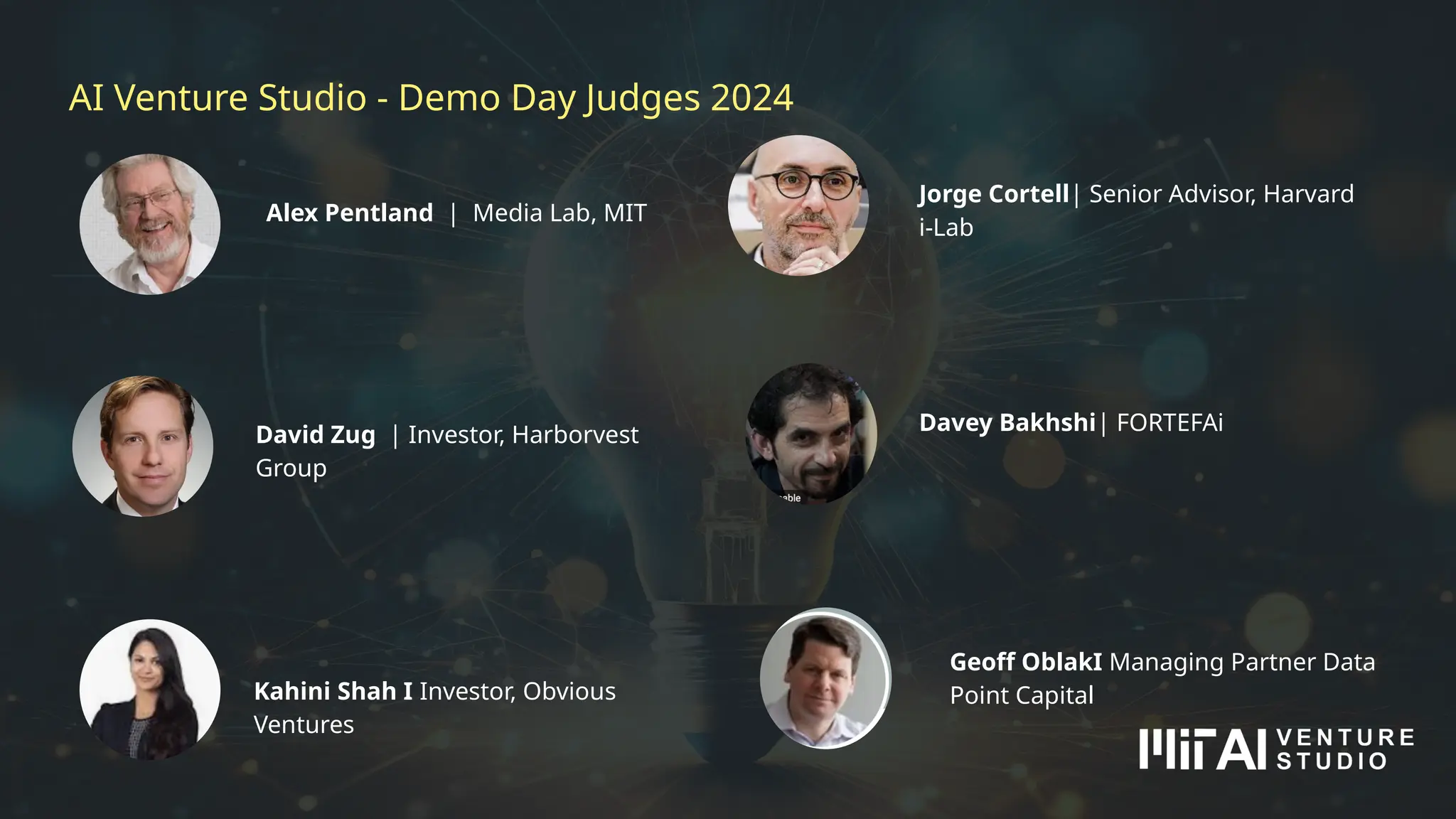 AI Venture Studio - Demo Day Judges 2024
Davey Bakhshi| FORTEFAi
Alex Pentland | Media Lab, MIT
Geoff OblakI Managing Partner Data
Point Capital
Jorge Cortell| Senior Advisor, Harvard
i-Lab
David Zug | Investor, Harborvest
Group
Kahini Shah I Investor, Obvious
Ventures
 