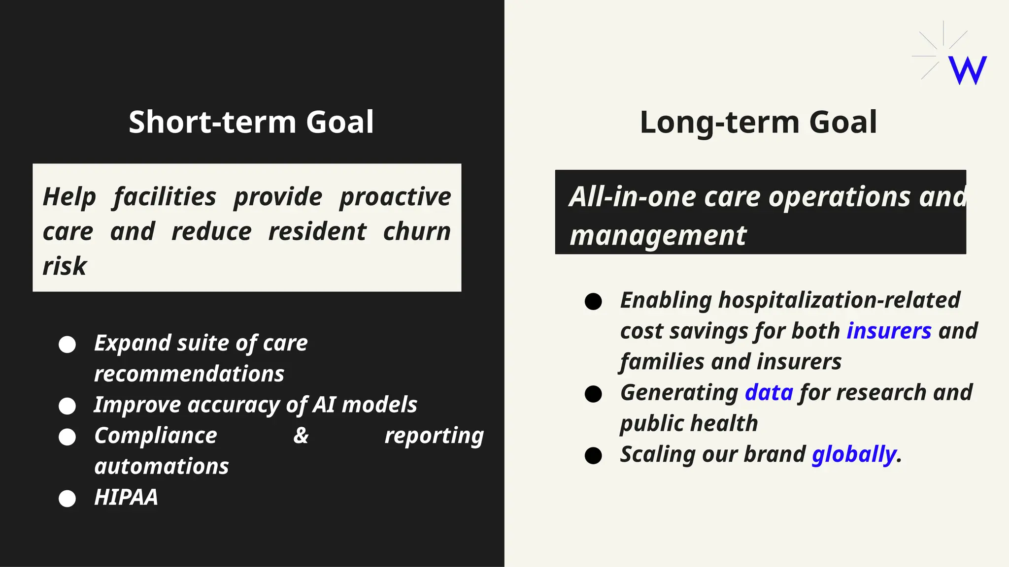 Confidential Copyright ©
Help facilities provide proactive care
and reduce resident churn risk
Short-term Goal Long-term Goal
All-in-one care operations and
management
● Enabling hospitalization-related
cost savings for both insurers and
families and insurers
● Generating data for research and
public health
● Scaling our brand globally.
Help facilities provide proactive
care and reduce resident churn
risk
● Expand suite of care
recommendations
● Improve accuracy of AI models
● Compliance & reporting
automations
● HIPAA
 