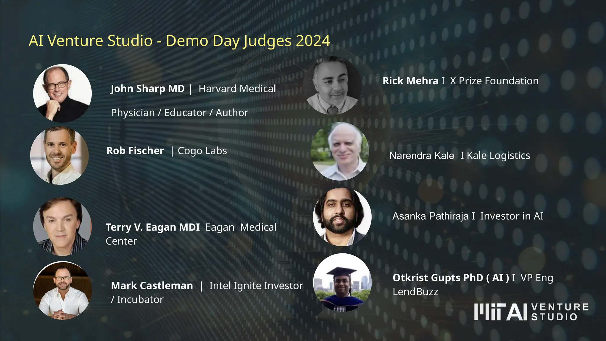 John Sharp MD | Harvard Medical
Physician / Educator / Author
Rick Mehra I X Prize Foundation
Rob Fischer | Cogo Labs
Terry V. Eagan MDI Eagan Medical
Center
Narendra Kale I Kale Logistics
Asanka Pathiraja I Investor in AI
Mark Castleman | Intel Ignite Investor
/ Incubator
Otkrist Gupts PhD ( AI ) I VP Eng
LendBuzz
AI Venture Studio - Demo Day Judges 2024
 