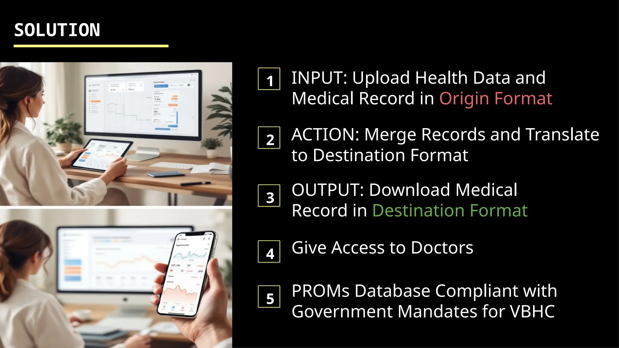 SOLUTION
• PROMs Database Compliant with
Government Mandates for VBHC
• Give Access to Doctors
• INPUT: Upload Health Data and
Medical Record in Origin Format
• ACTION: Merge Records and Translate
to Destination Format
1
2
4
5
• OUTPUT: Download Medical
Record in Destination Format
3
 