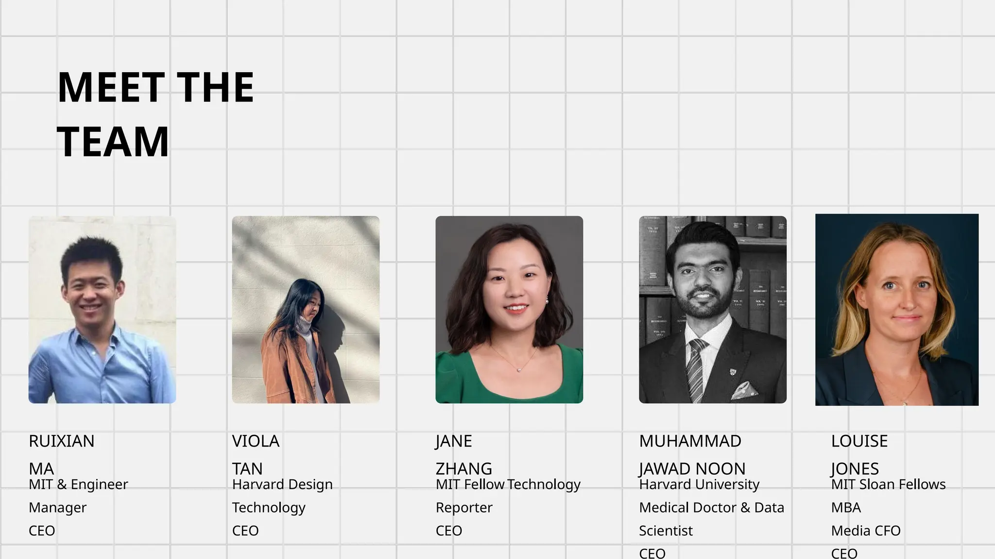 MIT & Engineer
Manager
CEO
RUIXIAN
MA
MEET THE
TEAM
Harvard Design
Technology
CEO
VIOLA
TAN
MIT Fellow Technology
Reporter
CEO
JANE
ZHANG
Harvard University
Medical Doctor & Data
Scientist
CEO
MUHAMMAD
JAWAD NOON
MIT Sloan Fellows
MBA
Media CFO
CEO
LOUISE
JONES
 