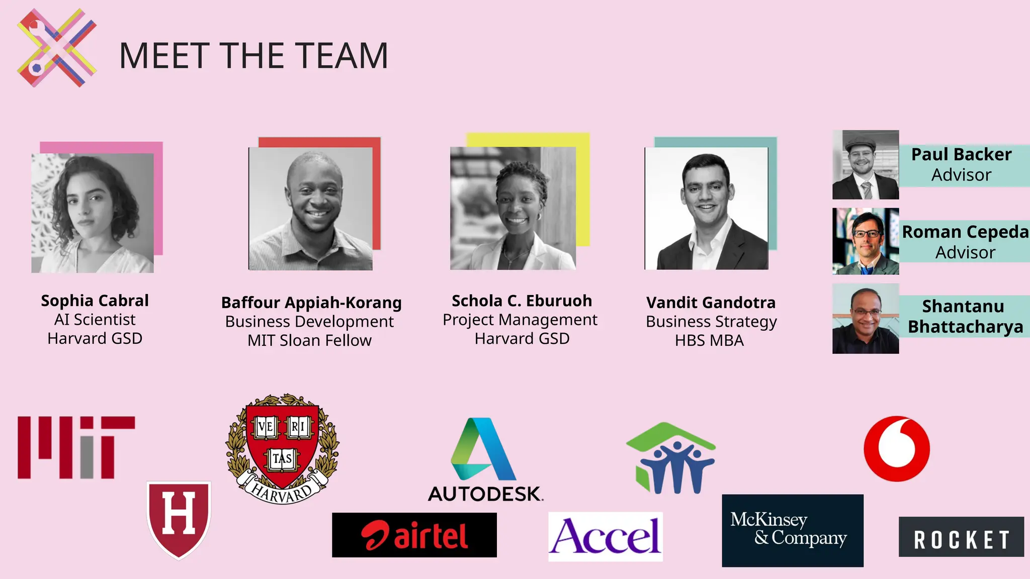 Sophia Cabral
AI Scientist
Harvard GSD
MEET THE TEAM
Paul Backer
Advisor
Schola C. Eburuoh
Project Management
Harvard GSD
Baffour Appiah-Korang
Business Development
MIT Sloan Fellow
Vandit Gandotra
Business Strategy
HBS MBA
Roman Cepeda
Advisor
Shantanu
Bhattacharya
 
