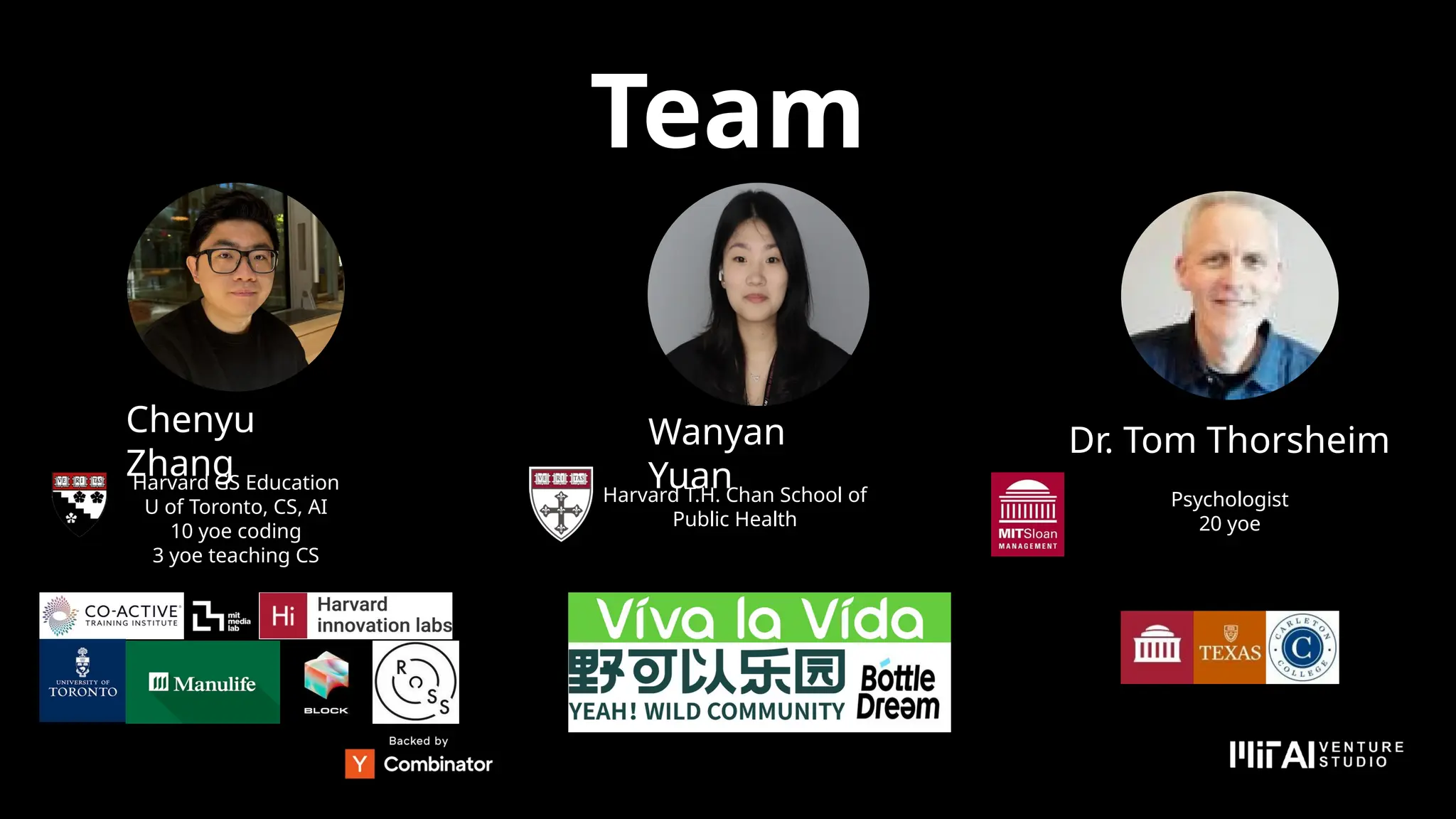 Team
Chenyu
Zhang
Harvard GS Education
U of Toronto, CS, AI
10 yoe coding
3 yoe teaching CS
Wanyan
Yuan
Harvard T.H. Chan School of
Public Health
Dr. Tom Thorsheim
Psychologist
20 yoe
 