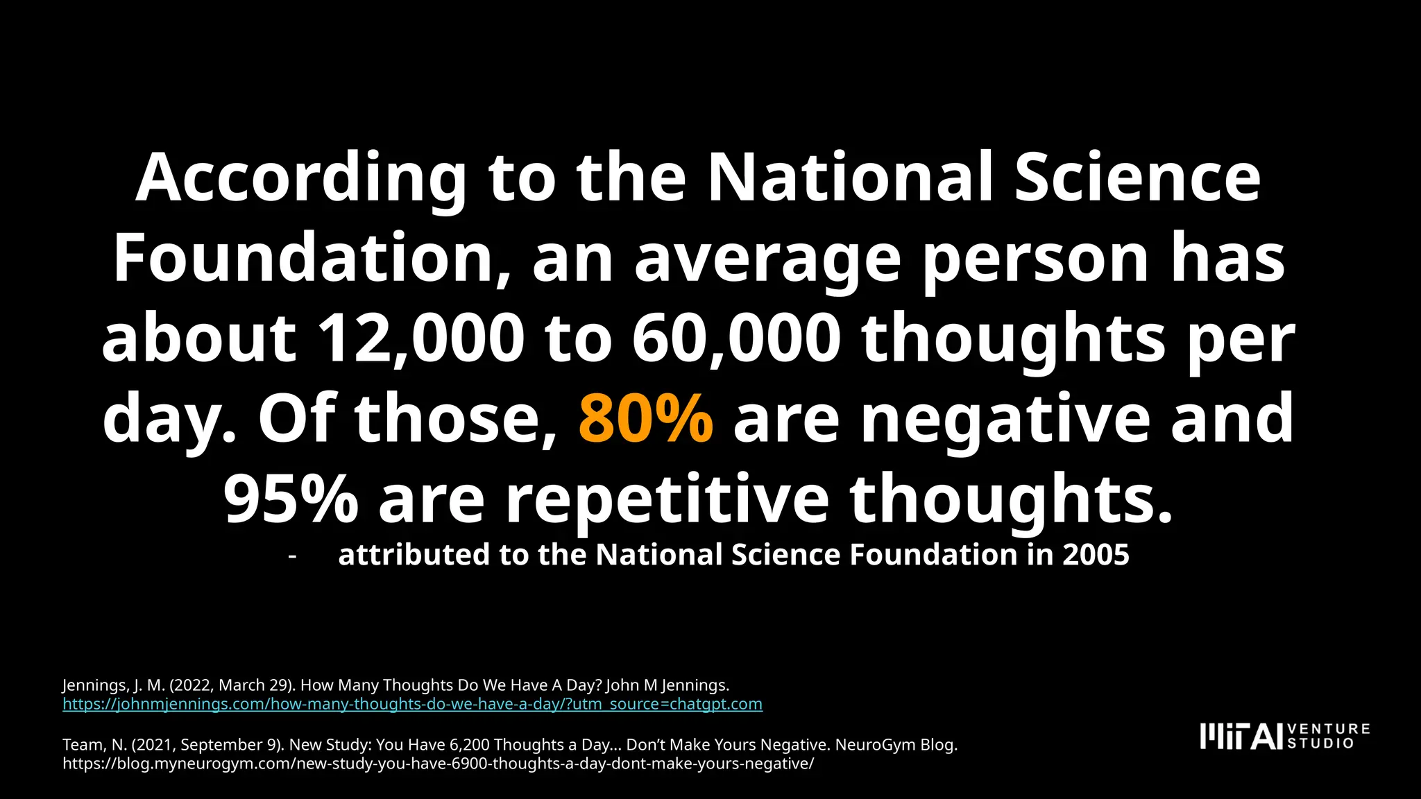 According to the National Science
Foundation, an average person has
about 12,000 to 60,000 thoughts per
day. Of those, 80% are negative and
95% are repetitive thoughts.
- attributed to the National Science Foundation in 2005
Jennings, J. M. (2022, March 29). How Many Thoughts Do We Have A Day? John M Jennings.
https://johnmjennings.com/how-many-thoughts-do-we-have-a-day/?utm_source=chatgpt.com
Team, N. (2021, September 9). New Study: You Have 6,200 Thoughts a Day... Don’t Make Yours Negative. NeuroGym Blog.
https://blog.myneurogym.com/new-study-you-have-6900-thoughts-a-day-dont-make-yours-negative/
 