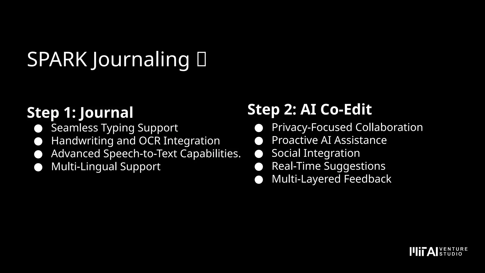 Step 2: AI Co-Edit
● Privacy-Focused Collaboration
● Proactive AI Assistance
● Social Integration
● Real-Time Suggestions
● Multi-Layered Feedback
Step 1: Journal
● Seamless Typing Support
● Handwriting and OCR Integration
● Advanced Speech-to-Text Capabilities.
● Multi-Lingual Support
SPARK Journaling ✨
 