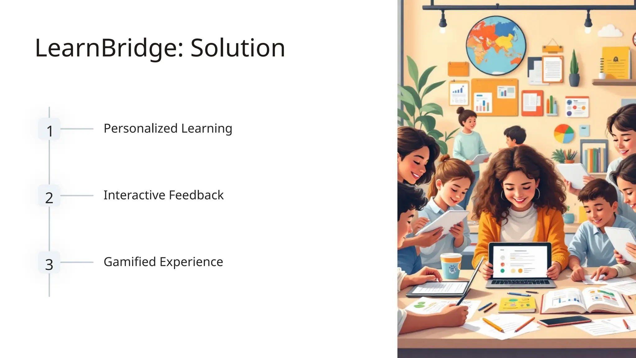 LearnBridge: Solution
1 Personalized Learning
2 Interactive Feedback
3 Gamified Experience
 