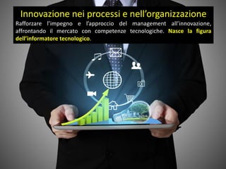 Innovazione nei processi e nell’organizzazione
Rafforzare l’impegno e l’approccio del management all’innovazione,
affrontando il mercato con competenze tecnologiche. Nasce la figura
dell’informatore tecnologico.
 