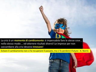 La crisi è un momento di cambiamento: è impensabile fare le stesse cose ,
nello stesso modo … ed ottenere risultati diversi! Le imprese per non
soccombere alla crisi devono innovare!
Evitare il cambiamento non ci fa recuperare il passato, ma ci fa perdere il futuro - K. Norris
 