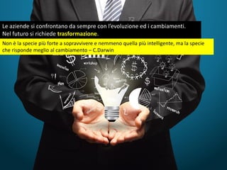 Le aziende si confrontano da sempre con l’evoluzione ed i cambiamenti.
Nel futuro si richiede trasformazione.
Non è la specie più forte a sopravvivere e nemmeno quella più intelligente, ma la specie
che risponde meglio al cambiamento – C.Darwin
 