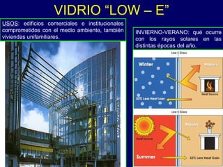 VIDRIO “LOW – E” USOS : edificios comerciales e institucionales comprometidos con el medio ambiente, también viviendas unifamiliares. INVIERNO-VERANO: qué ocurre con los rayos solares en las distintas épocas del año.  
