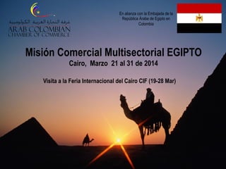 En alianza con la Embajada de la
República Árabe de Egipto en
Colombia

Misión Comercial Multisectorial EGIPTO
Cairo, Marzo 21 al 31 de 2014
Visita a la Feria Internacional del Cairo CIF (19-28 Mar)

 